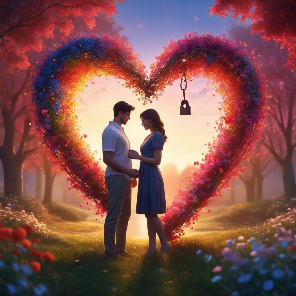 A couple holding a heart-shaped key unlocking a vibrant, glowing heart made of colorful interlocking pieces, symbolizing their strengthened relationship. In the background, subtle symbols of growth like blooming flowers and intertwined vines can be seen, representing progress and harmony. The mood should be romantic and hopeful, inviting viewers to reflect on their own relationship goals. super-realistic. vibrant colors. soft focus.