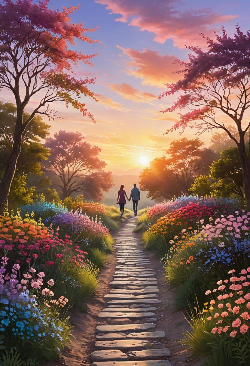 A serene pathway symbolizing a journey, lined with blooming flowers and gentle light, leading two silhouettes hand in hand towards a bright, glowing heart-shaped destination; the sky above transitions from day to night, signifying the stages of connection; soft pastel colors evoke warmth and depth. super-realistic. vibrant colors. soft background.