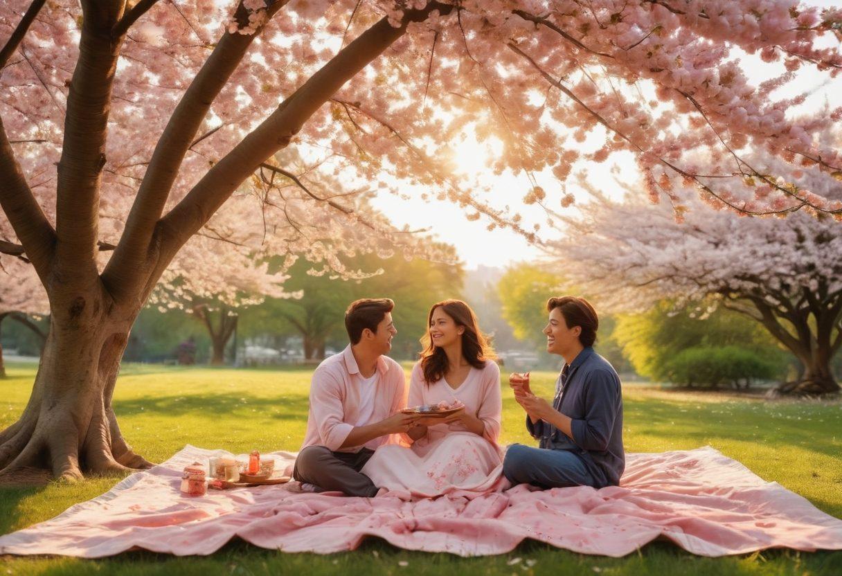 A heartwarming scene of a couple sharing a romantic picnic under a blooming cherry blossom tree, surrounded by soft sunlight and a blanket laid with a delicious spread of food. The couple is laughing and looking into each other's eyes, embodying deep connection and affection. Include playful elements like a kite flying in the background and gentle breezes of petals falling around them. The colors should be warm and inviting, enhancing the atmosphere of love and intimacy. super-realistic. vibrant colors. nature background.